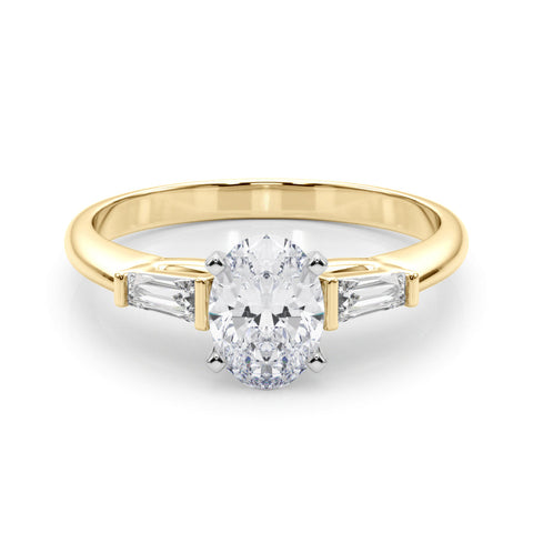 Yellow gold Oval Solitaire with Tapered Baguette Side Stones on a Classic Band with Four-Prong Setting