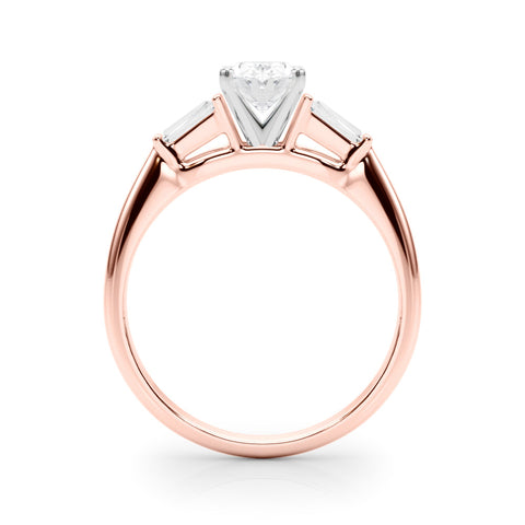 Rose gold Oval Solitaire with Tapered Baguette Side Stones on a Classic Band with Four-Prong Setting