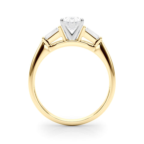 Yellow gold Oval Solitaire with Tapered Baguette Side Stones on a Classic Band with Four-Prong Setting