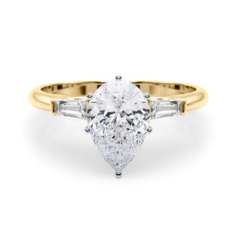 Yellow gold Pear Solitaire with Tapered Baguette Side Stones on a Classic Band with Six-Prong Setting