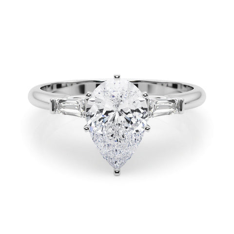 White gold Pear Solitaire with Tapered Baguette Side Stones on a Classic Band with Six-Prong Setting