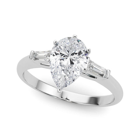 White gold Pear Solitaire with Tapered Baguette Side Stones on a Classic Band with Six-Prong Setting