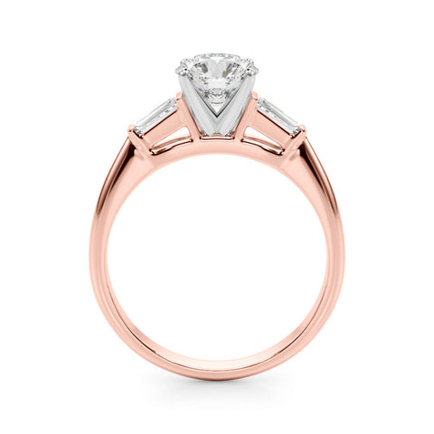 Rose gold Round Solitaire with Tapered Baguette Side Stones on a Classic Band with Four-Prong Setting