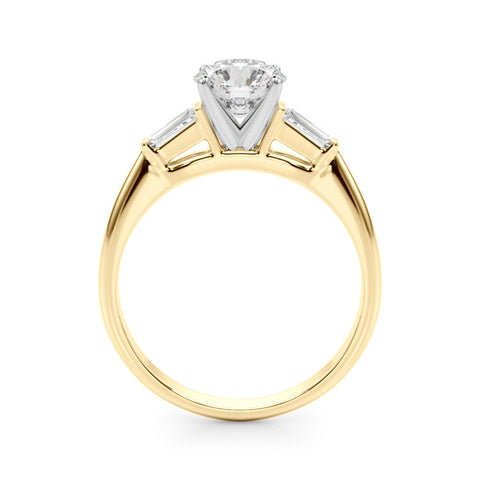 Yellow gold Round Solitaire with Tapered Baguette Side Stones on a Classic Band with Four-Prong Setting