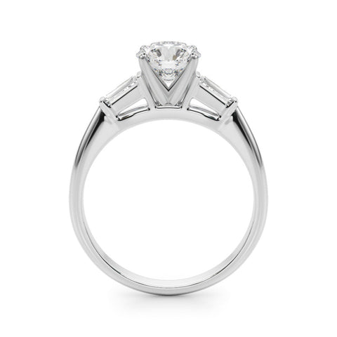 Silver Round Solitaire with Tapered Baguette Side Stones on a Classic Band with Four-Prong Setting