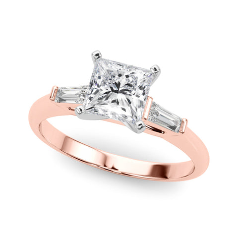 Rose gold Heart Solitaire with Tapered Baguette Side Stones on a Classic Band with Four-Prong Setting