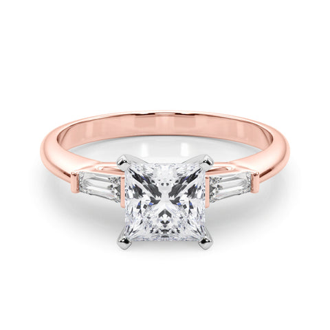 Rose gold Princess Solitaire with Tapered Baguette Side Stones on a Classic Band with Four-Prong Setting