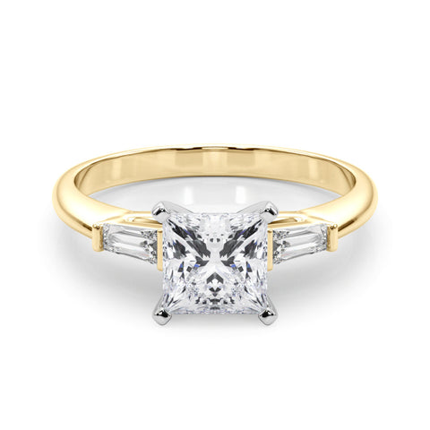 Yellow gold Princess Solitaire with Tapered Baguette Side Stones on a Classic Band with Four-Prong Setting