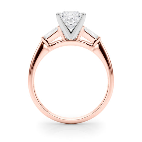 Rose gold Princess Solitaire with Tapered Baguette Side Stones on a Classic Band with Four-Prong Setting