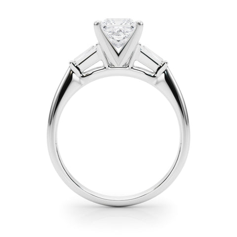 White gold Princess Solitaire with Tapered Baguette Side Stones on a Classic Band with Four-Prong Setting