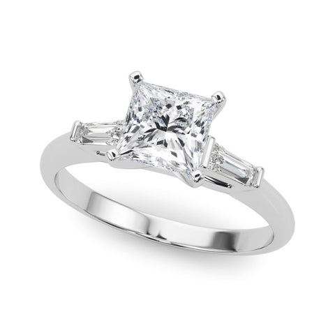 White gold Princess Solitaire with Tapered Baguette Side Stones on a Classic Band with Four-Prong Setting