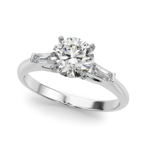 Silver Round Solitaire with Tapered Baguette Side Stones on a Classic Band with Four-Prong Setting