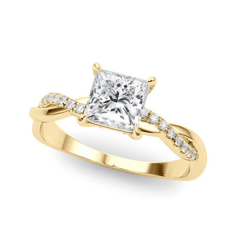 Yellow gold Pear Cut Twist Band Solitaire Diamond Ring with Pavé Setting