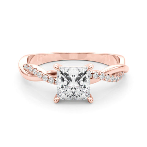 Rose gold Marquise Cut Twist Band Solitaire Diamond Ring with Pavé Setting