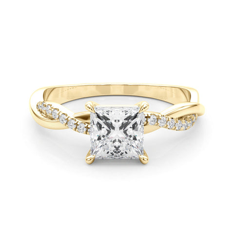 Yellow gold Pear Cut Twist Band Solitaire Diamond Ring with Pavé Setting