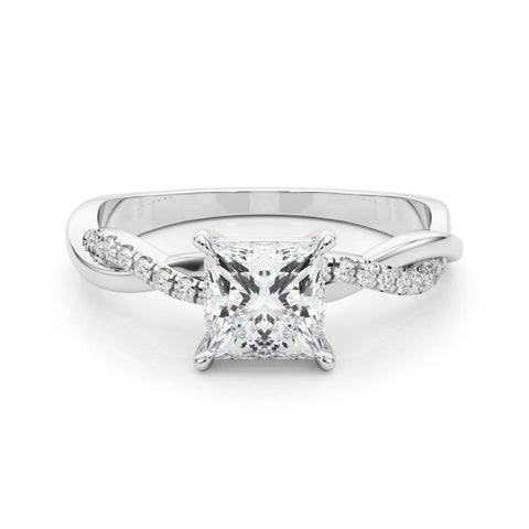 Platinum Oval Cut Twist Band Solitaire Diamond Ring with Pavé Setting