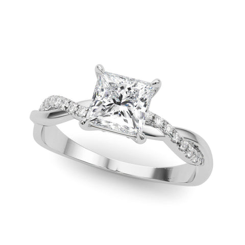 White gold Heart Cut Twist Band Solitaire Diamond Ring with Pavé Setting