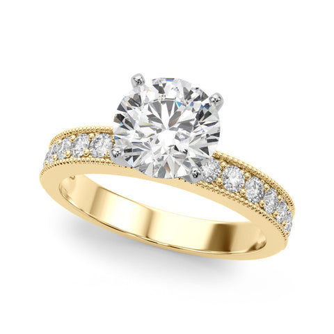 Yellow gold Heart Milgrain Pave Diamond Engagement Ring with Four-Prong Setting
