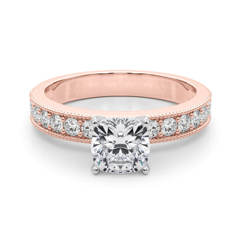 Rose gold Cushion Milgrain Pave Diamond Engagement Ring with Four-Prong Setting