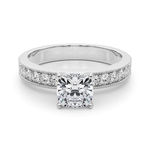 Silver Cushion Milgrain Pave Diamond Engagement Ring with Four-Prong Setting