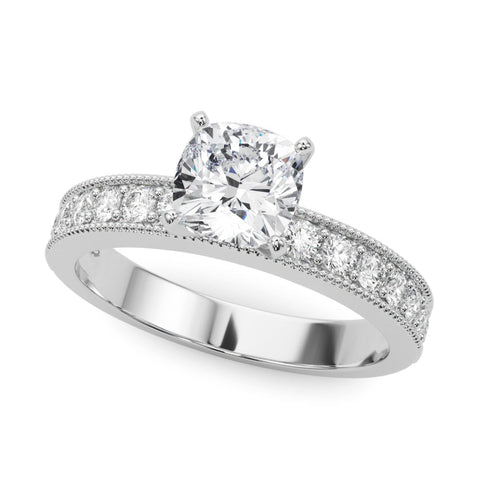 Silver Cushion Milgrain Pave Diamond Engagement Ring with Four-Prong Setting