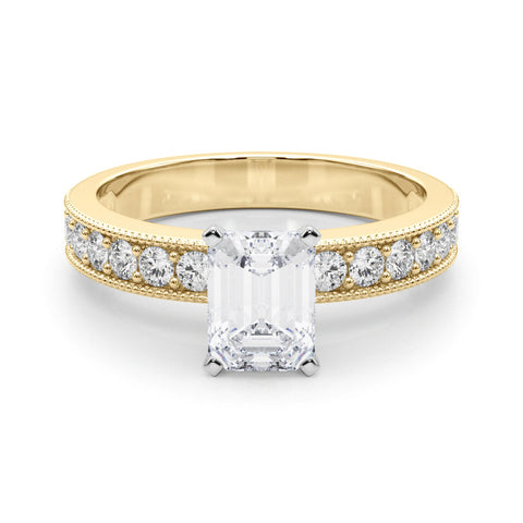 Yellow gold Radiant Milgrain Pave Diamond Engagement Ring with Four-Prong Setting