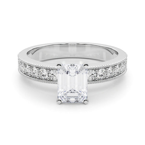 Silver Emerald Milgrain Pave Diamond Engagement Ring with Four-Prong Setting