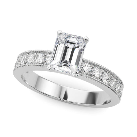 Silver Emerald Milgrain Pave Diamond Engagement Ring with Four-Prong Setting