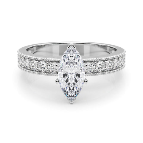 Silver Marquise Milgrain Pave Diamond Engagement Ring with Four-Prong Setting