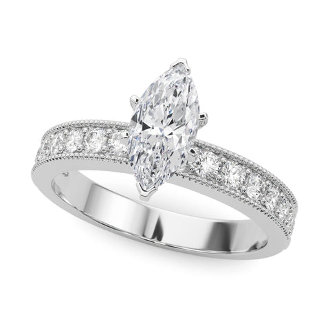 Silver Marquise Milgrain Pave Diamond Engagement Ring with Four-Prong Setting