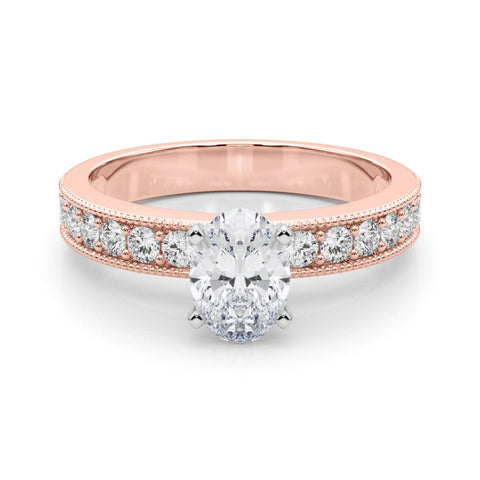 Rose gold Oval Milgrain Pave Diamond Engagement Ring with Four-Prong Setting