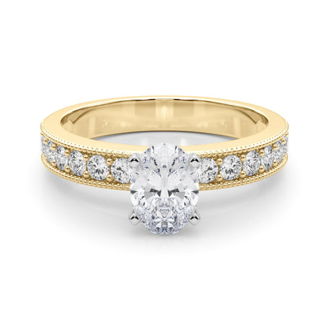 Yellow gold Oval Milgrain Pave Diamond Engagement Ring with Four-Prong Setting
