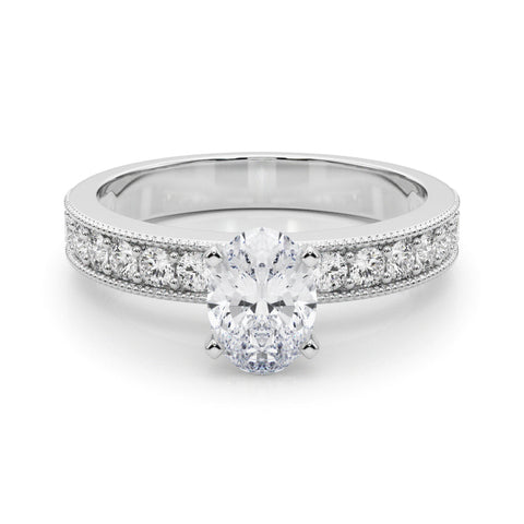 Silver Oval Milgrain Pave Diamond Engagement Ring with Four-Prong Setting