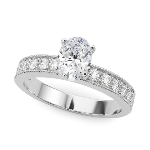 Silver Oval Milgrain Pave Diamond Engagement Ring with Four-Prong Setting