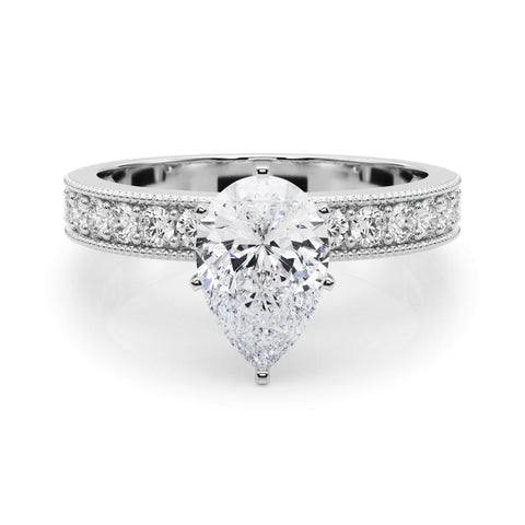 Silver Pear Milgrain Pave Diamond Engagement Ring with Four-Prong Setting