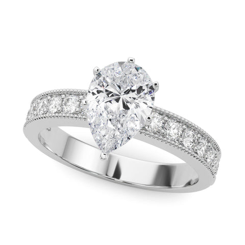 Silver Pear Milgrain Pave Diamond Engagement Ring with Four-Prong Setting
