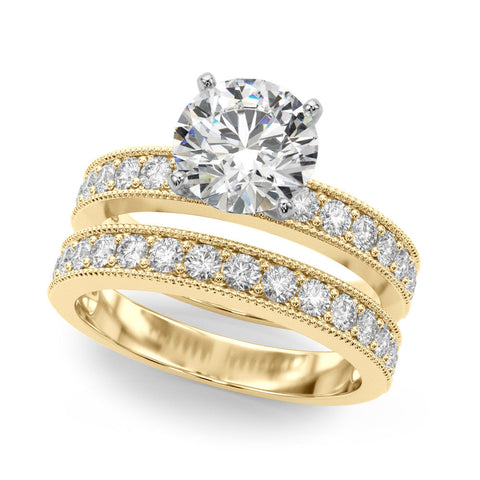 Yellow gold Heart Milgrain Pave Diamond Engagement Ring with Four-Prong Setting
