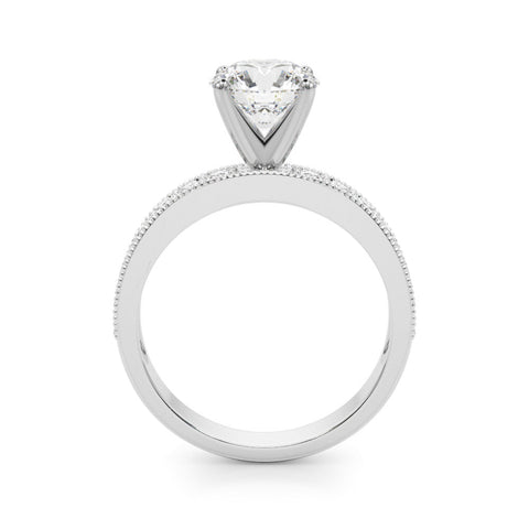 Silver Round Milgrain Pave Diamond Engagement Ring with Four-Prong Setting