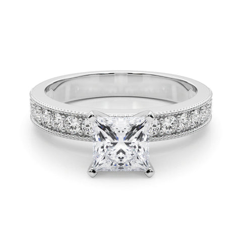 Silver Princess Milgrain Pave Diamond Engagement Ring with Four-Prong Setting
