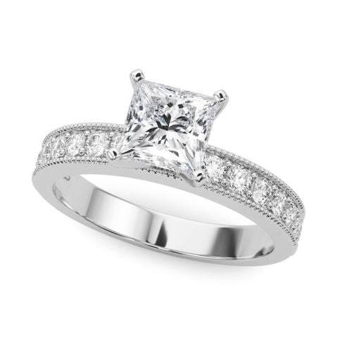 Silver Princess Milgrain Pave Diamond Engagement Ring with Four-Prong Setting
