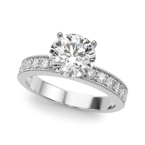 Silver Round Milgrain Pave Diamond Engagement Ring with Four-Prong Setting