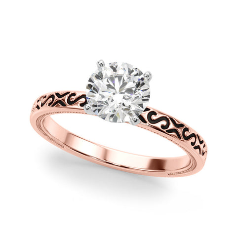 Rose gold Round Solitaire Engagement Ring with Scrollwork Band and Four-Prong Setting