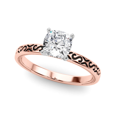 Rose gold Cushion Solitaire Engagement Ring with Scrollwork Band and Four-Prong Setting