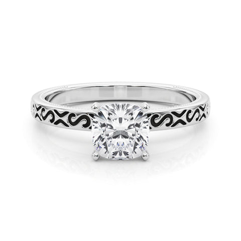 White gold Cushion Solitaire Engagement Ring with Scrollwork Band and Four-Prong Setting