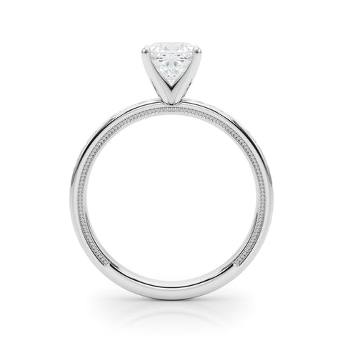 White gold Cushion Solitaire Engagement Ring with Scrollwork Band and Four-Prong Setting