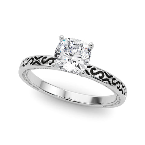 White gold Cushion Solitaire Engagement Ring with Scrollwork Band and Four-Prong Setting