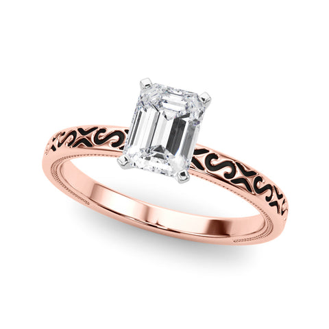 Rose gold Emerald Solitaire Engagement Ring with Scrollwork Band and Four-Prong Setting
