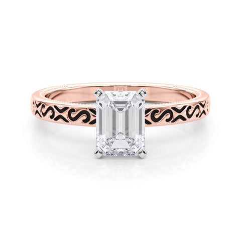 Rose gold Radiant Solitaire Engagement Ring with Scrollwork Band and Four-Prong Setting