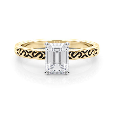 Yellow gold Emerald Solitaire Engagement Ring with Scrollwork Band and Four-Prong Setting