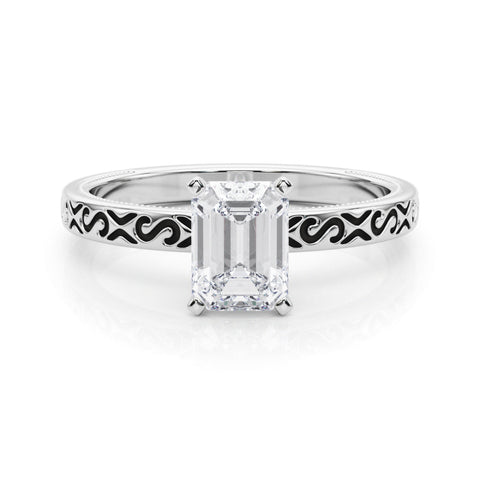White gold Emerald Solitaire Engagement Ring with Scrollwork Band and Four-Prong Setting